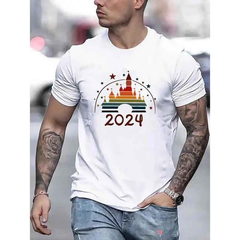 2024 Castle Print Relaxed Fit Round Neck Casual Soft Breathable Lightweight Comfortable Summer Top Outdoor Activities Castle Themed Vacation Travel Everyday Made USA