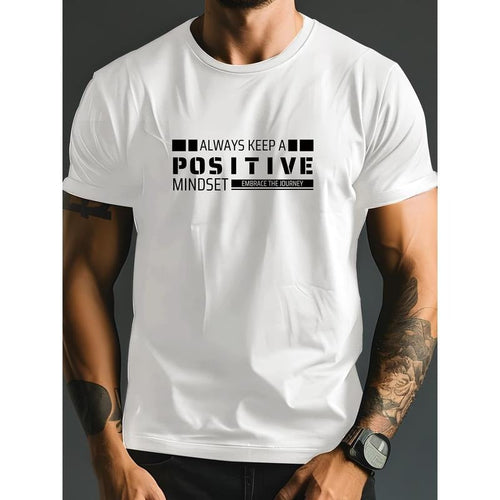 "Always Stay Positive" Lettering Printed WB Shield Short Sleeve Crew Neck Breathable Slightly Stretch Summer Outdoor Activity