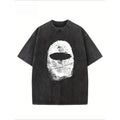 "Balaclava Fingerprint" Creative Pattern Printing Heavy 230g Pure Cotton Drop Shoulder Washed WB Shield Retro Street Basic Loose Hip Hop Top Acid Wash