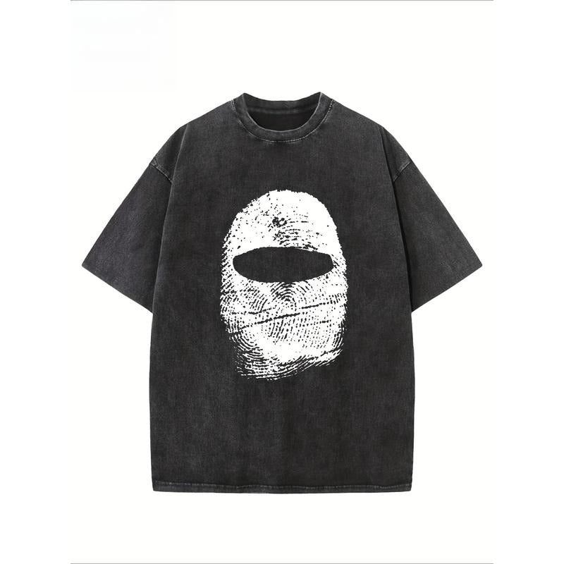 "Balaclava Fingerprint" Creative Pattern Printing Heavy 230g Pure Cotton Drop Shoulder Washed WB Shield Retro Street Basic Loose Hip Hop Top Acid Wash