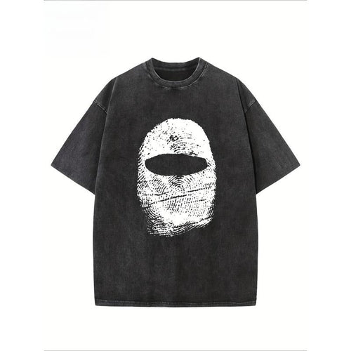 "Balaclava Fingerprint" Creative Pattern Printing Heavy 230g Pure Cotton Drop Shoulder Washed WB Shield Retro Street Basic Loose Hip Hop Top Acid Wash