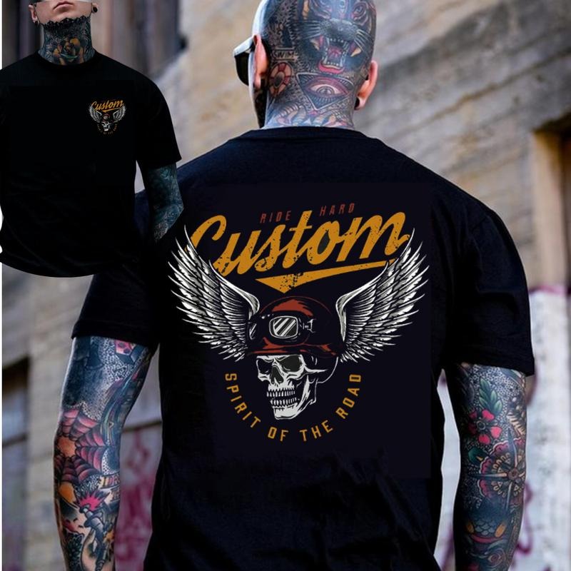 CUSTOM SPIRIT ROAD Skull Winged Helmet Black 2 Side Print Naughty Clothes Cotton Motorcycle Shirt Streetwear Menswear