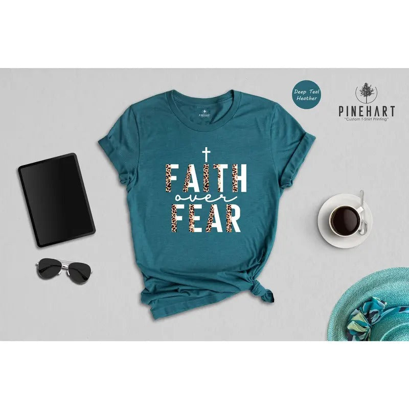 Christian Faith Over Fear Inspirational Shirt "FAITH" & "FEAR" Text Short Sleeve Cotton Blend Reliable Choice