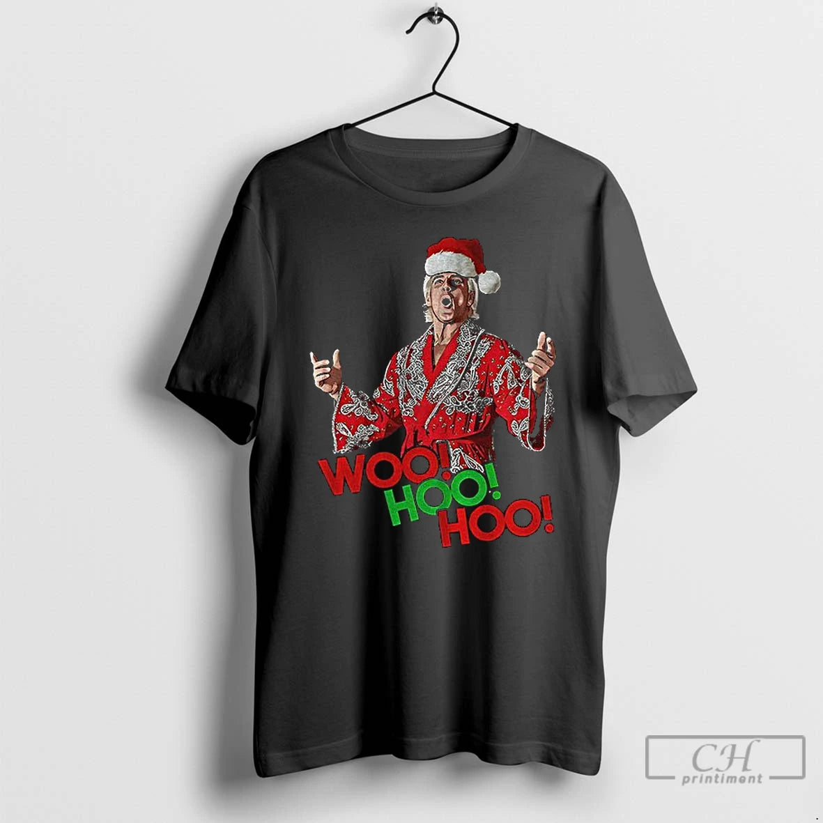 Classic Woo Hoo Hoo Black Christmas Tee With Wrestling Legend Rick Flair In Santa Hat