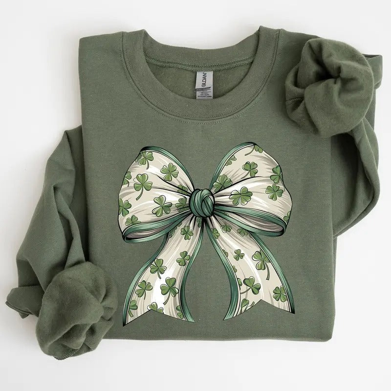 Coquette Lucky Bow Shamrock Clover Irish Lucky Charm St Patrick'S Day Crew Neck