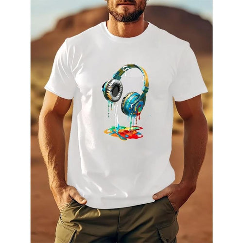 "Earphone" Pattern Printing Casual Novel Short Sleeved Summer Shirt Comfortable Fit Street Wind Round Neck Suitable Daily Outdoor. Made USA