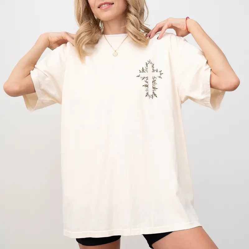 Floral Cross Shirt Comfort Colors Christian Faith Based Christian Thanksgiving Religious Jesus Casual Tops Cotton Womenswear