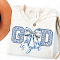 God Is Good Blue Chinoiserie Shirt Coquette Bow Floral Religious Toile College Letters Faith Shirt Christian Menswear Streetwear