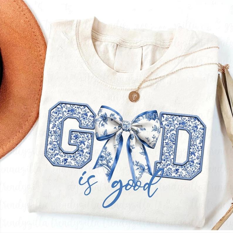 God Is Good Blue Chinoiserie Shirt Coquette Bow Floral Religious Toile College Letters Faith Shirt Christian Menswear Streetwear