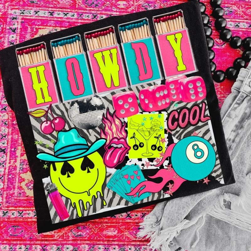 Howdy Cool Neon Collage Shirt Vintage Western Cowgirl Outfits Western Stuff Tops Country Concert Outfits Western Clothes
