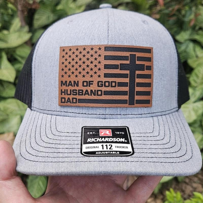 Man God Husband Dad Trucker Hat Christian American Flag Hat Richardson 112 Cap Faith Him Religious Dad Hat