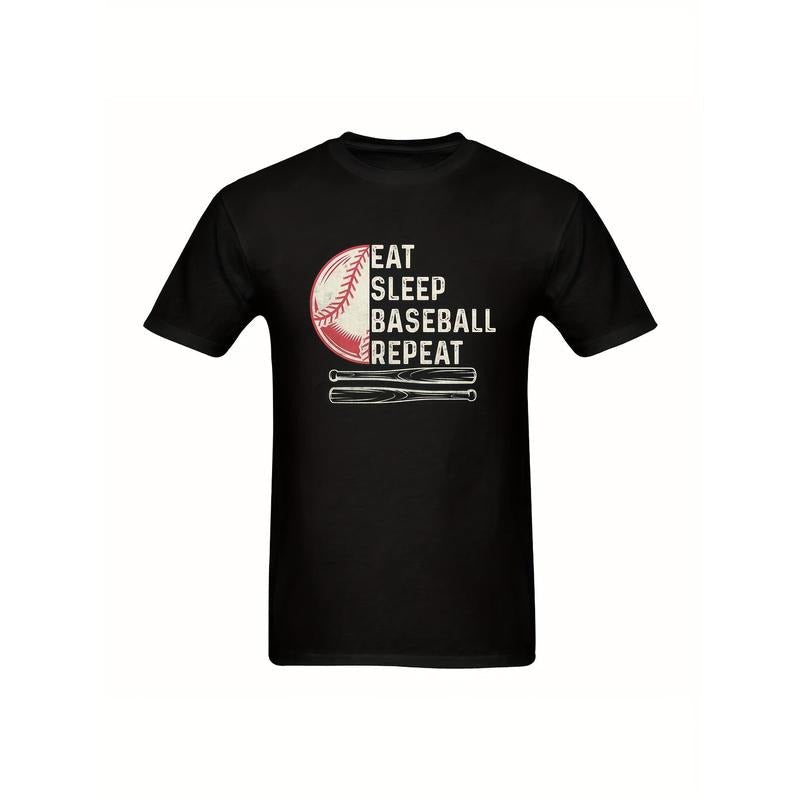 " Baseball Fanatic 'EAT SLEEP BASEBALL REPEAT' Classic Tan Baseball & Dark Bat Bold White Text Black Background Sports Lovers & Relaxed Made Usa