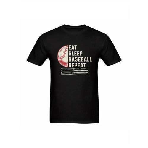 " Baseball Fanatic 'EAT SLEEP BASEBALL REPEAT' Classic Tan Baseball & Dark Bat Bold White Text Black Background Sports Lovers & Relaxed Made Usa