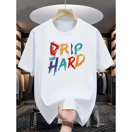 "Drip Too Hard" Lettering Colorful Print Casual Crew Neck Polyester Knit Fabric Regular Fit Summer Shirt Slight Stretch Made USA