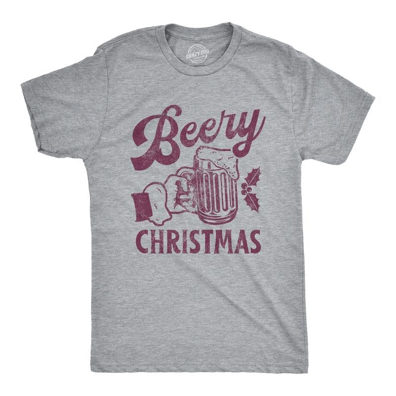 Beery Funny Xmas Beer Brew Funny Cool Soft Casual Menswear Funny Beer Short Sleeve Novelty Guys Light Grey