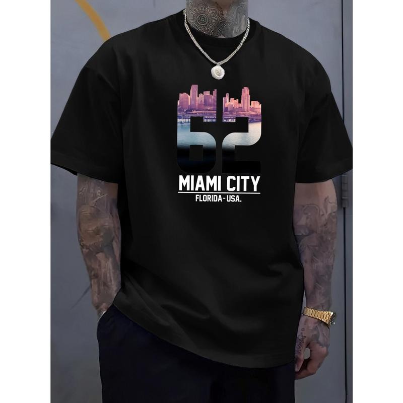 " Miami City "Creative Print Casual Summer Crew Neck Short Sleeve Top Modern Streetwear Made USA
