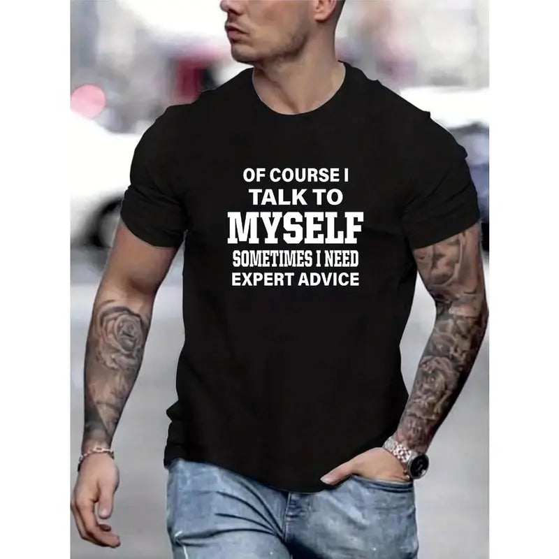" Course I Talk Myself" Letter Print Creative Top Casual Slightly Stretch Short Sleeve Crew Neck Summer Outdoor Made USA