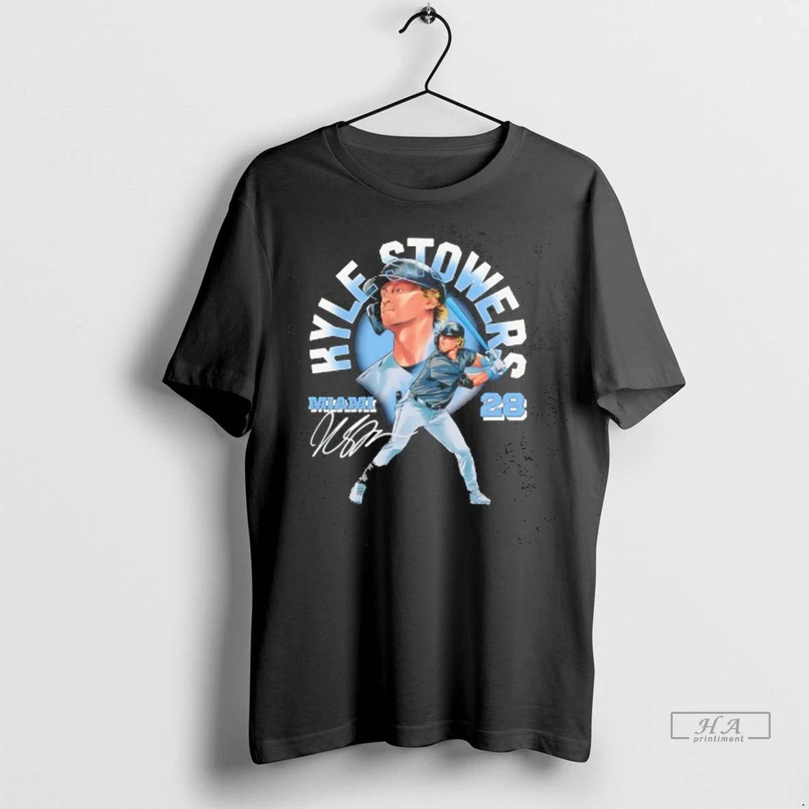 Official Kyle Stowers Miami Marlins Signature Caricature Tee Tshirts Sweater