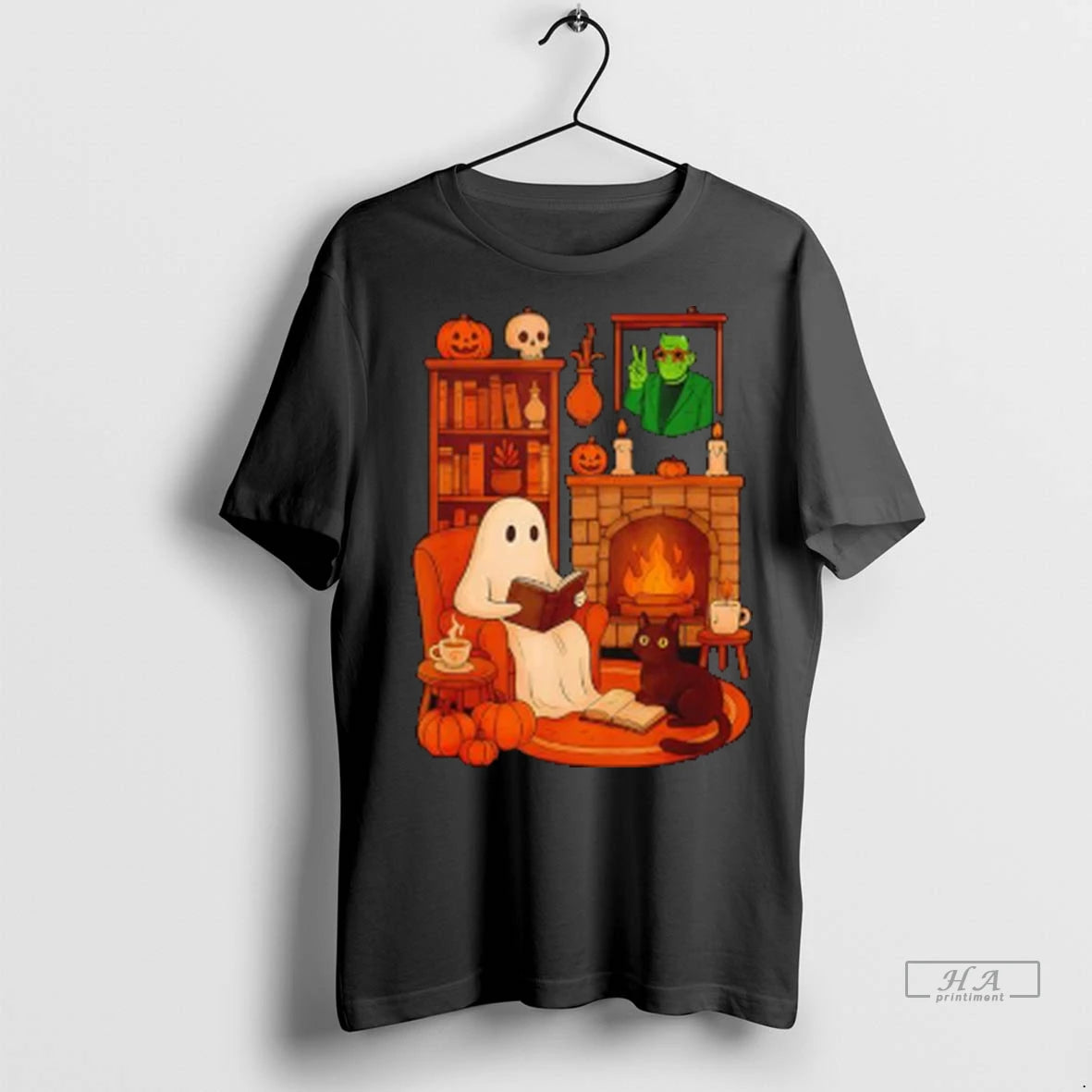 Official Retro Halloween Cozy Ghost Reading Book By 90s Frankenstein Ladies Tshirts Sweater