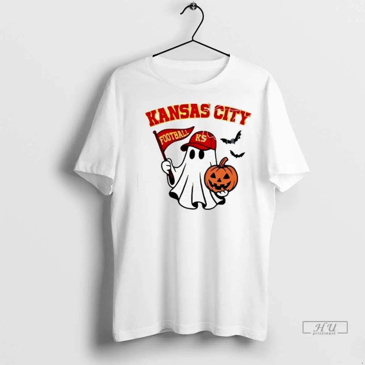 Officials Halloween Ghost Kansas City Chiefs Football Flag Pumpkin Ladies T Shirts