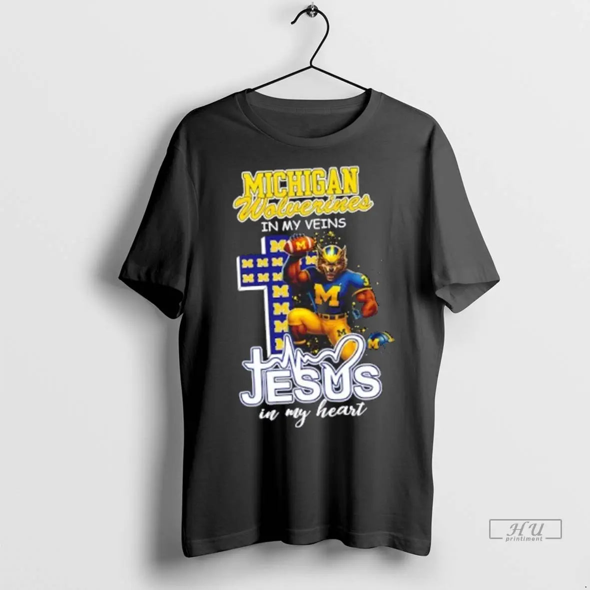 Officials Michigan Wolverines In My Veins Jesus In My Heart Cross Mascot T Shirts