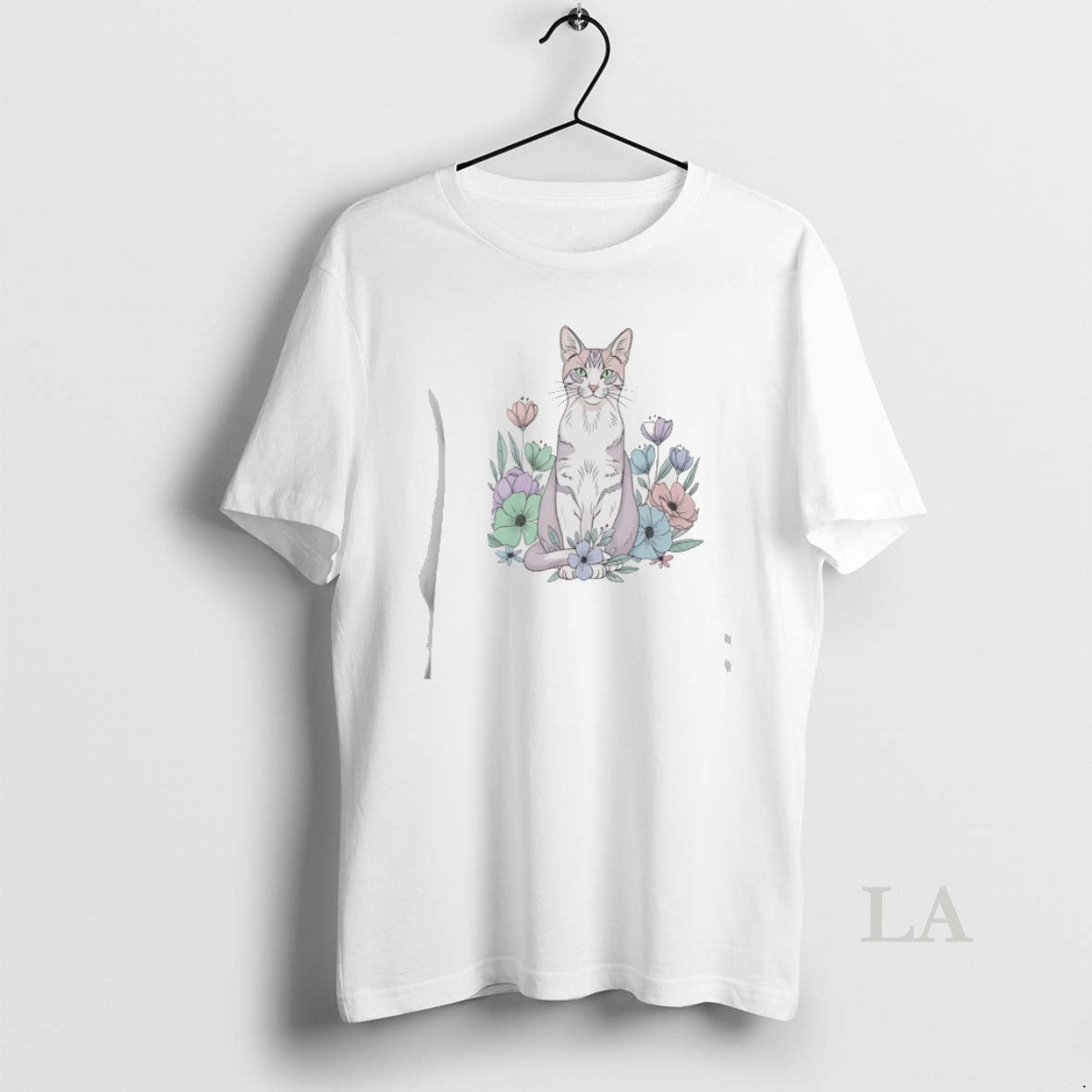Original Cute Sitting Cat In Floral Garden Watercolor