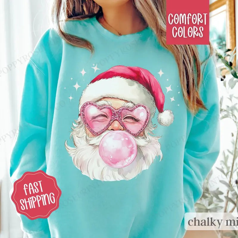 Pink Santa Bubble Comfort Colors Coquette Xmas Funny Santa