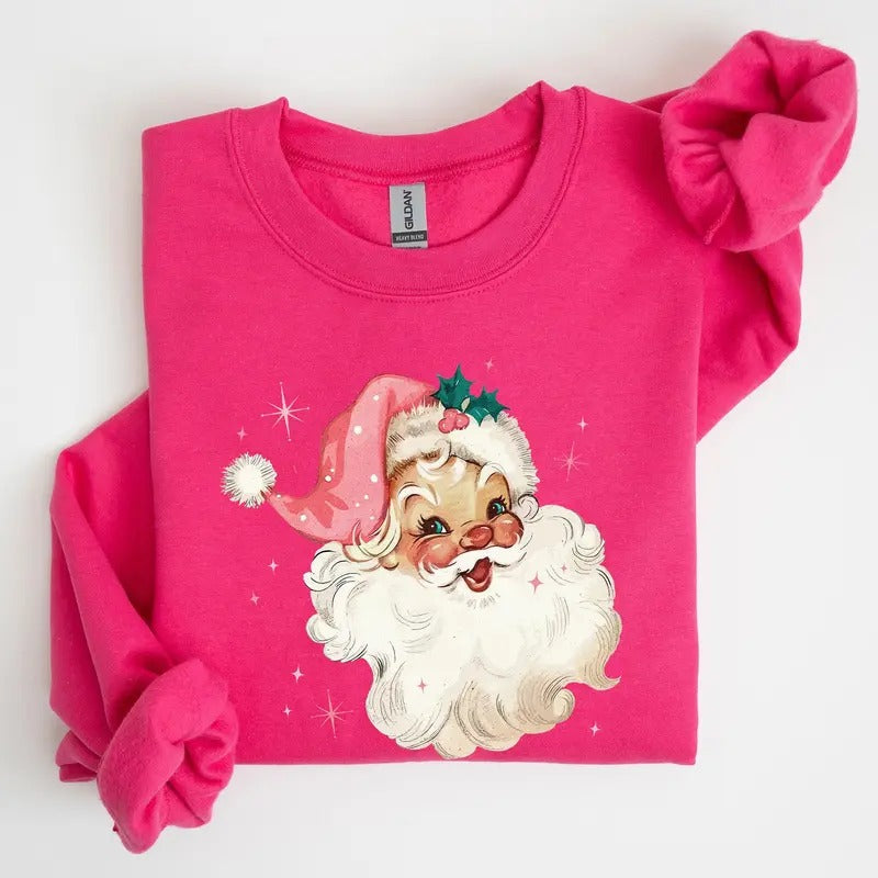 Retro Santa Pink Sparkles Vintage Winter Snow Xmas Crew Neck