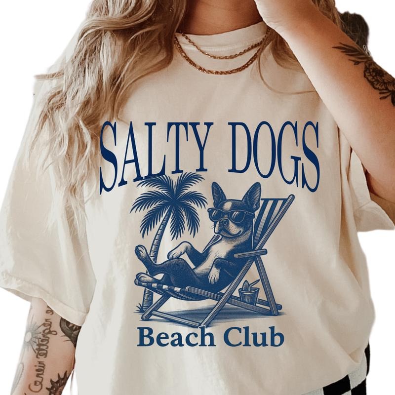 Salty Dogs Beach Club Boston Terrier Shirt ~ Relaxed Fit Printed USA Womenswear Casual Comfort Cotton Top Athletic Boho Chic