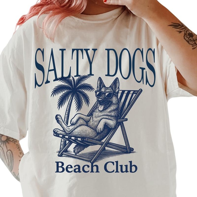 Salty Dogs Beach Club German Shepherd Shirt ~ Relaxed Fit Printed USA Womenswear Casual Comfort Cotton Top Athletic Boho Chic