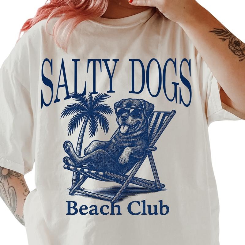 Salty Dogs Beach Club Rottweiler Shirt ~ Relaxed Fit Printed USA Womenswear Casual Comfort Cotton Top Athletic Boho Chic