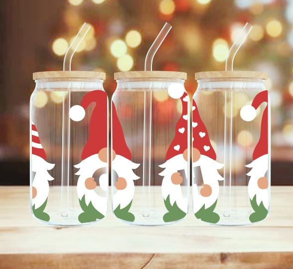 Santa Gnomes 16 Oz Glass Permanent Vinyl Wrap