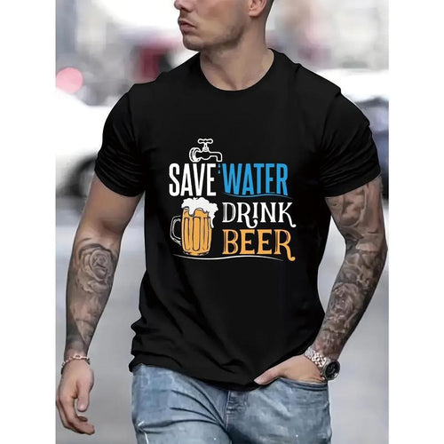 " Save Water Drink Beer "Creative Print Casual Novelty Short Sleeve Summer& Spring Top Comfort Fit Streetwear Crew Neck Daily Made USA