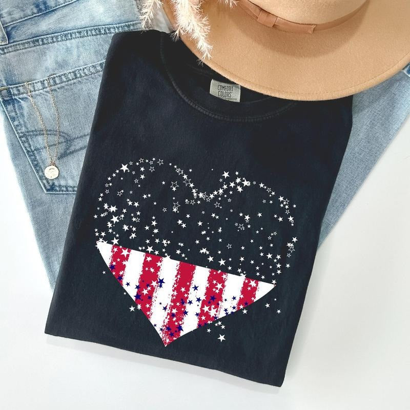 Star Hearts Red White Blue Patriotic 4th July Crew Neck