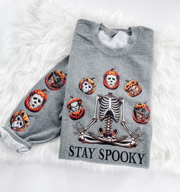 Stay Spooky Halloween Horror Skeleton Sleeve Prints Comfy Tops