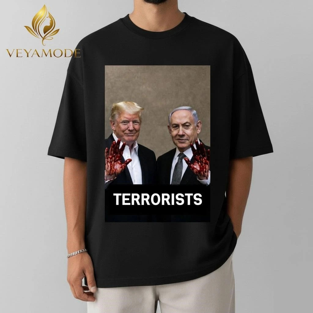Terrorists Trump and Netanyahu with bloodstained hand tee Unisex , , , Long Sleeve Tee