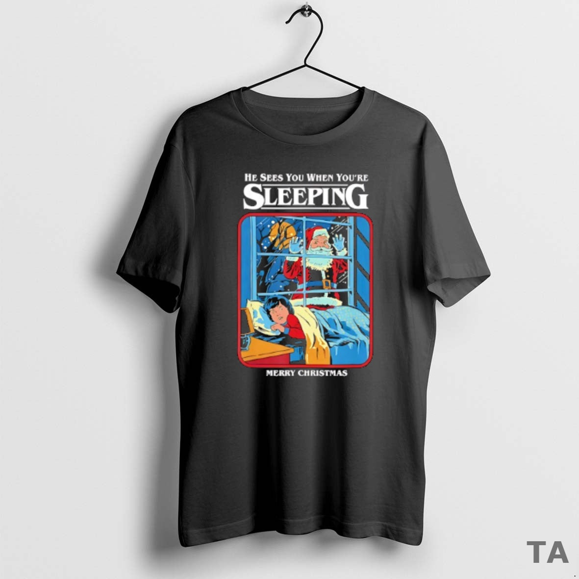 Top Santa Outside Window He Sees You When Youre Sleeping Merry Christmas T Shirt Sweater