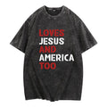 " Washed WB Shield Lightsaber Brand Shirt Expressing Devotion 'Loves Jesus Gunpla Brand America Too' Red Plumber Brand WB Shield Bold Retro Styled Font Showcasing Dual Affection"