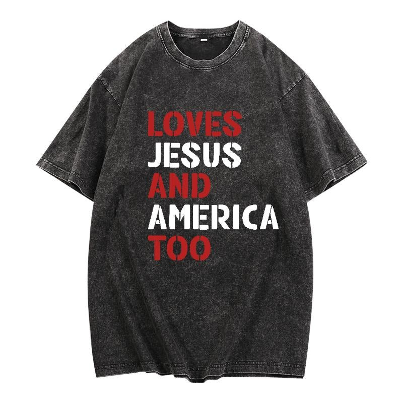 " Washed WB Shield Lightsaber Brand Shirt Expressing Devotion 'Loves Jesus Gunpla Brand America Too' Red Plumber Brand WB Shield Bold Retro Styled Font Showcasing Dual Affection"