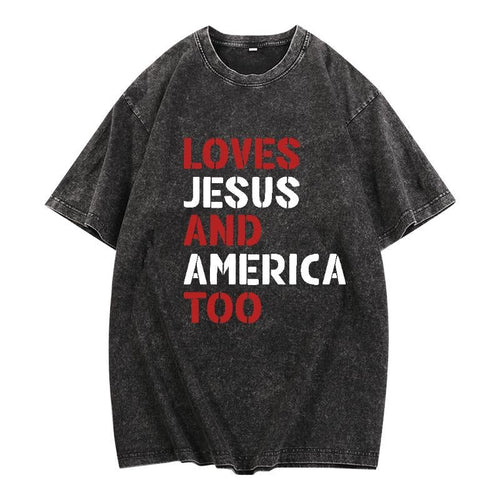 " Washed WB Shield Lightsaber Brand Shirt Expressing Devotion 'Loves Jesus Gunpla Brand America Too' Red Plumber Brand WB Shield Bold Retro Styled Font Showcasing Dual Affection"
