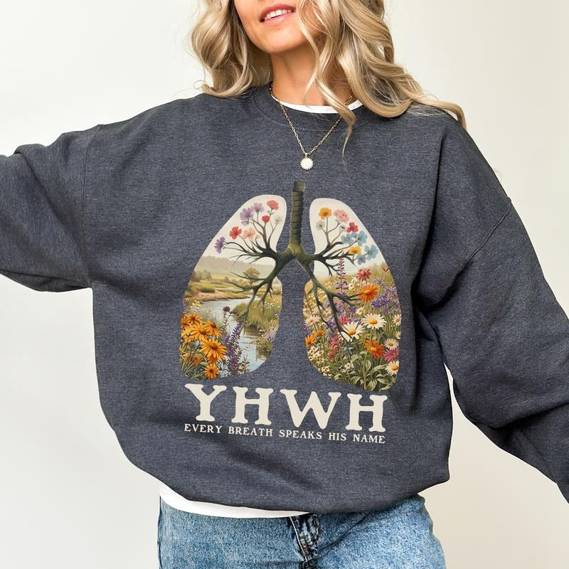 Vintage YHWH Lungs Every Breath Speaks His Name Bible Verse Long Sleeved Christian Faith Church