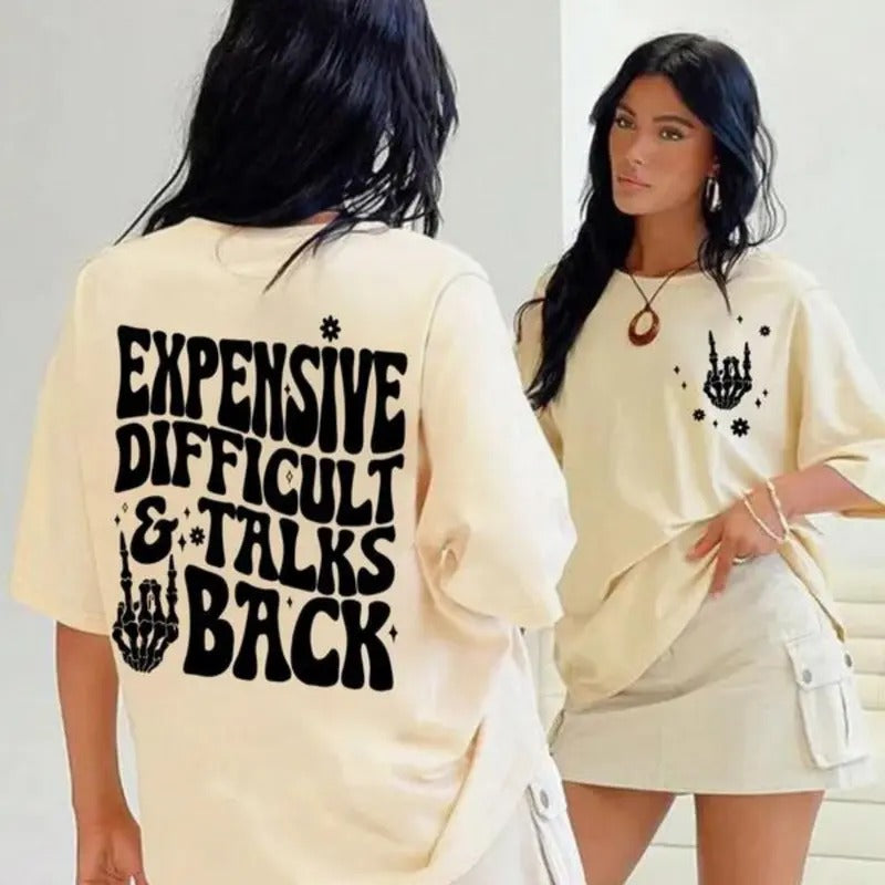 " Expensive Difficult Talks Back" Slogan Print Skeleton Hand Round Neck Back School Outfits Casual Half Sleeve Crew Neck Daily Clothes All Seasons Fall Clothes