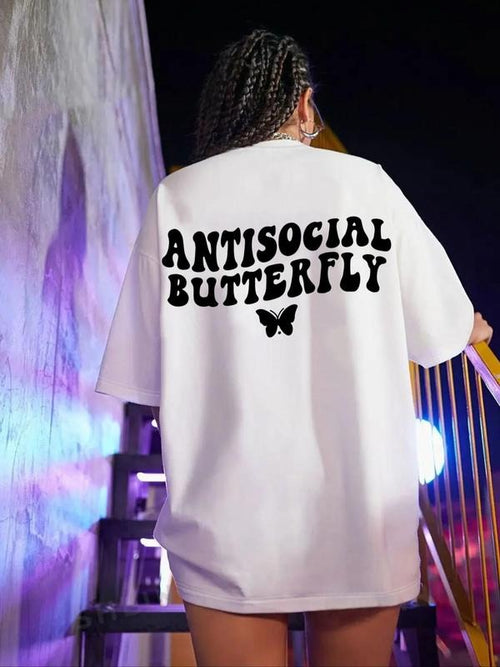 "ANTISOCIAL BUTTERFLY" Butterfly & Letter Print Round Neck Vintage Casual Drop Shoulder Half Sleeve Daily All Seasons