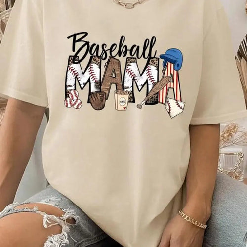 "Baseball MAMA" Slogan Print Round Neck Letter & Baseball Print Round Neck Vintage Casual Short Sleeve Daily All Seasons
