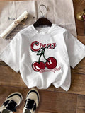Cherry & Letter Print Round Neck Casual Short Sleeve Crew Neck Daily Clothes All Seasons