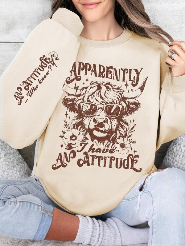 Cow & Letter Print Casual Long Sleeve Spring & Fall Clothes Daily