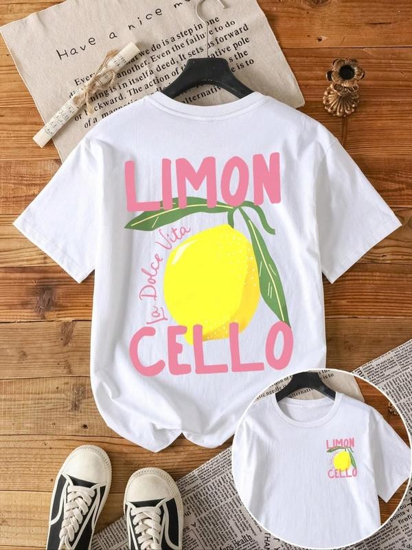 Lemon & Letter Print Round Neck Casual Short Sleeve Crew Neck Summer Top Daily Wearstyle{N002}2