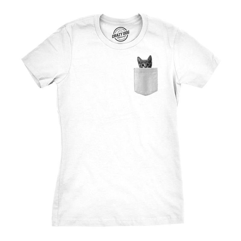 Pocket Cat Funny Printed Peeking Kitten Funny Cute Slimming Top Comfortable Soft Womenswear White
