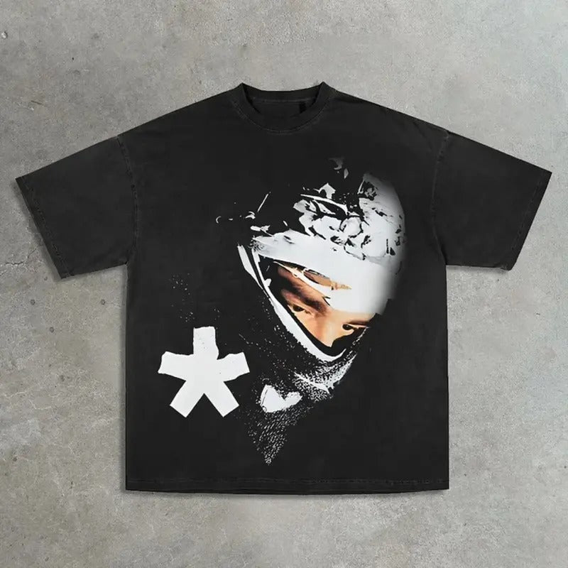 "YEAT II' Masked Rap Music Festival Print Retro Casual Cotton Round Neck Short Sleeve Black Menswear Top
