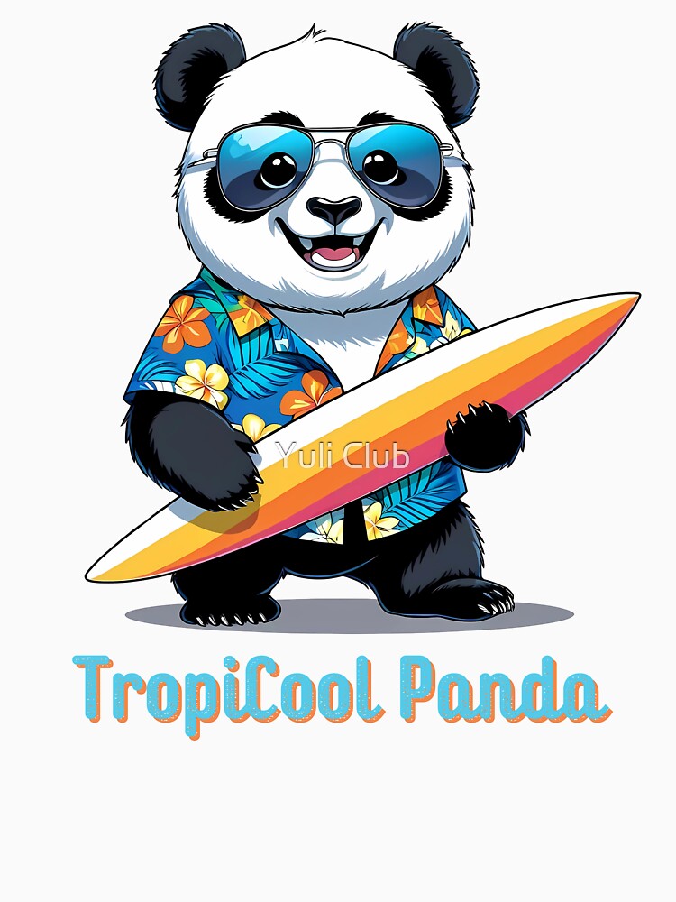 TropiCool Panda – Cute Cartoon Panda in Hawaiian Shirt with Surfboard by Yuli Club